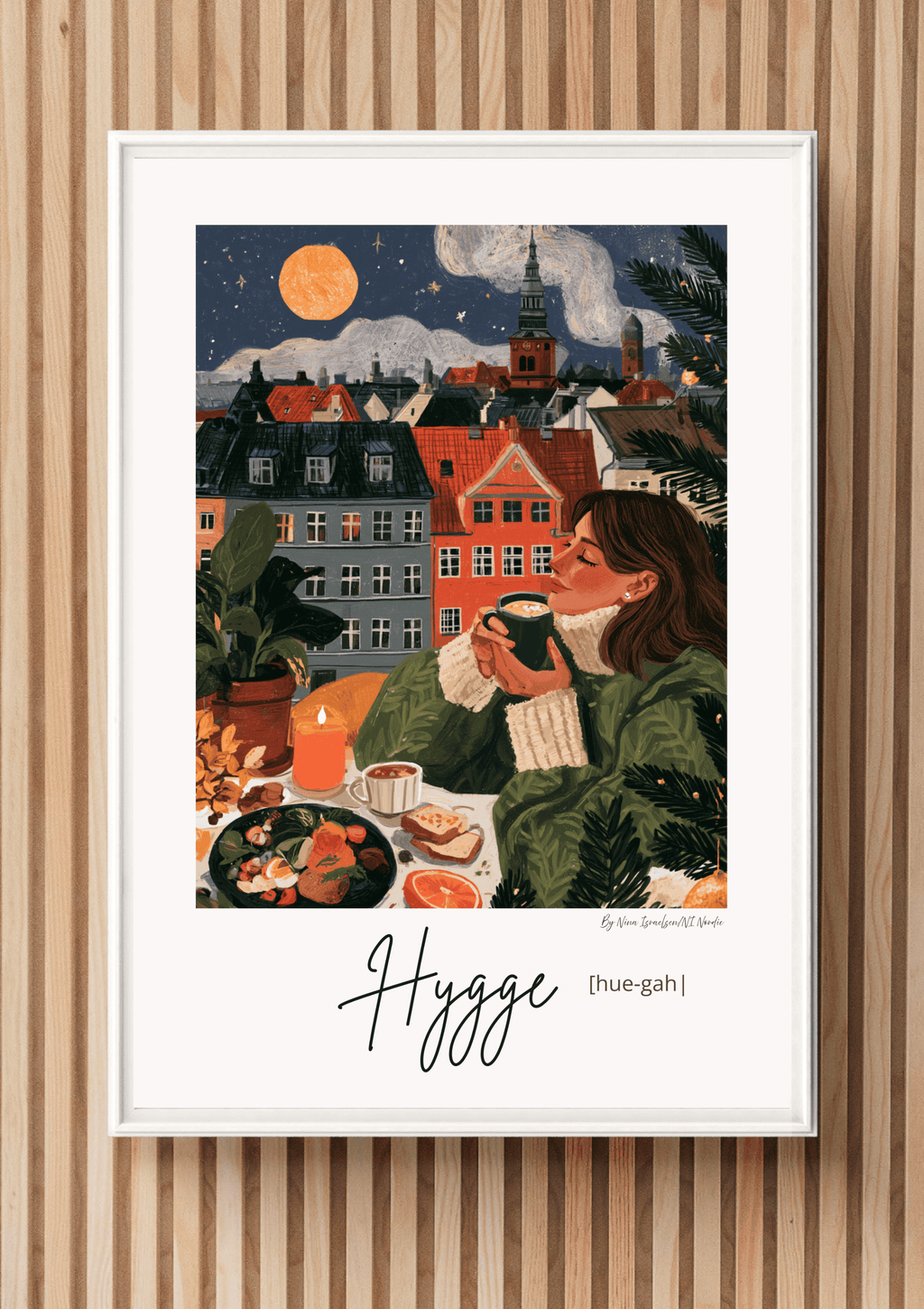 Hygge & Fika — Moonlit Copenhagen Rooftop Night Art Print