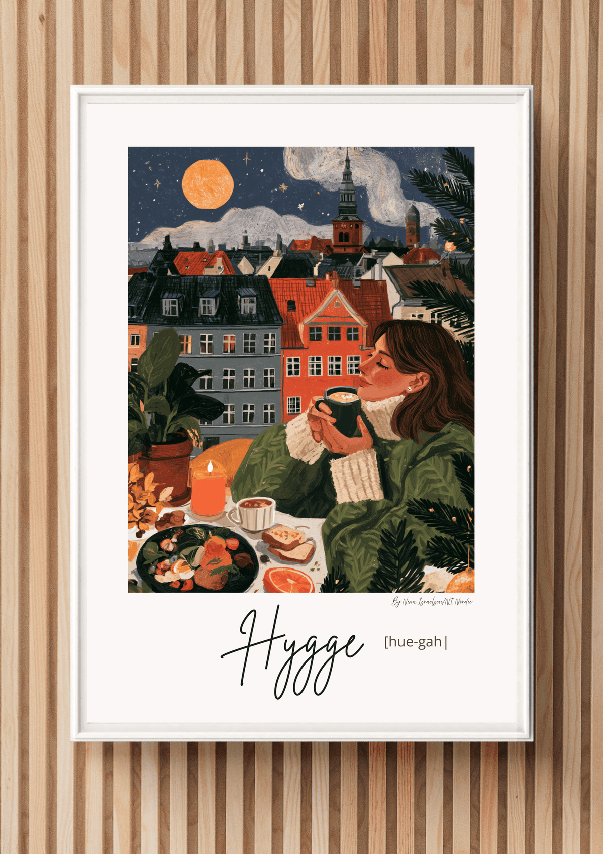 Hygge & Fika — Moonlit Copenhagen Rooftop Night Art Print